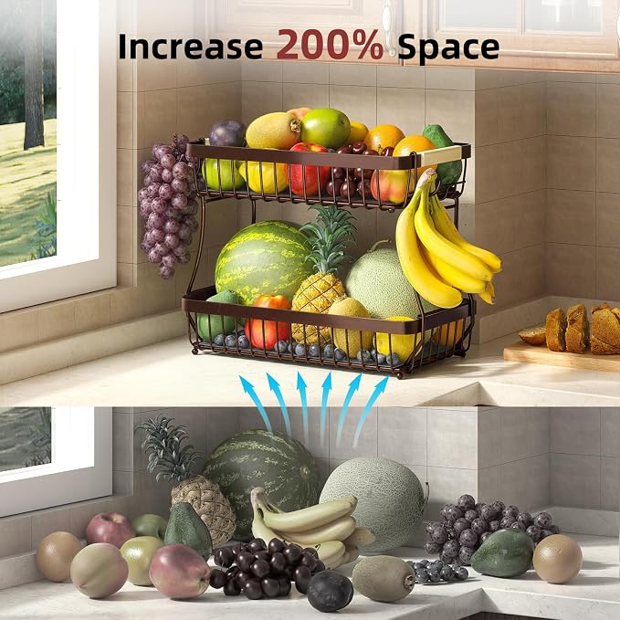 2-Tier Fruit Basket with Banana Hangers, Detachable Metal Bowl