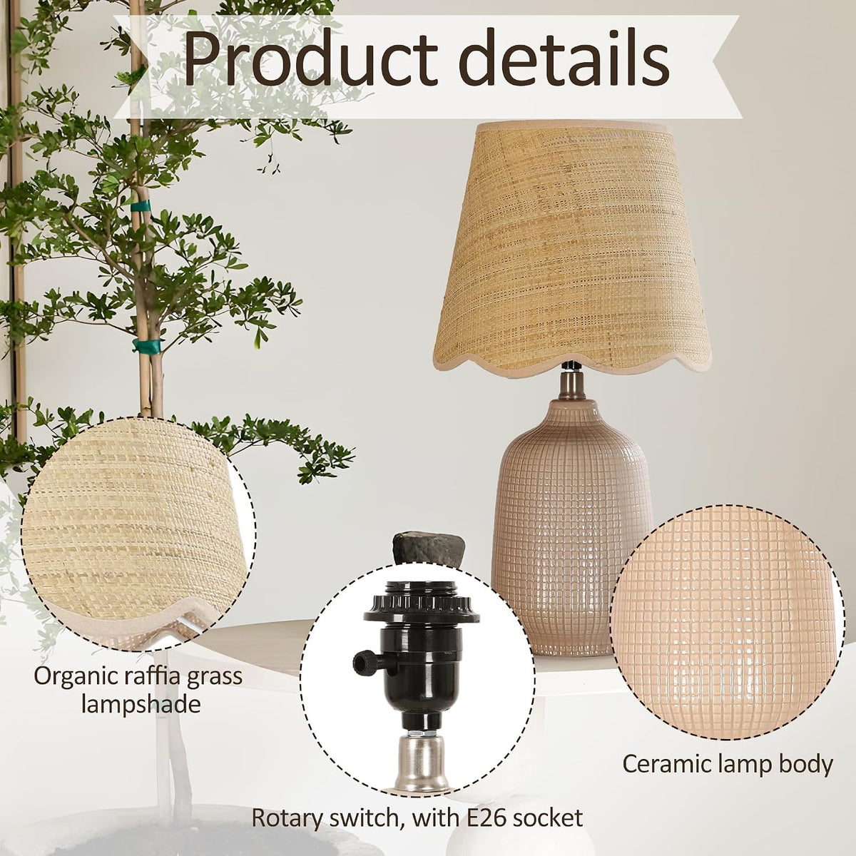 Pia Ricco 19" Modern Ceramic Table Lamp for Living Room Gray Camel Base Desk Lamps for Bedroom Farmhouse Bedside Nightstand Lamp End Table Lamps,Pink,Rattan Shade