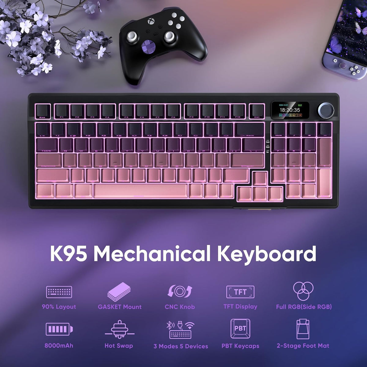 RedThunder K95 Wireless Mechanical Keyboard,TFT Screen & Knob, Trip-Modes Connection, Gasket Custom Hot-Swap Keyboard, RGB Backlit, Pre-lubed Linear Switches, Side Printed PBT Keycaps, Gradient Pink