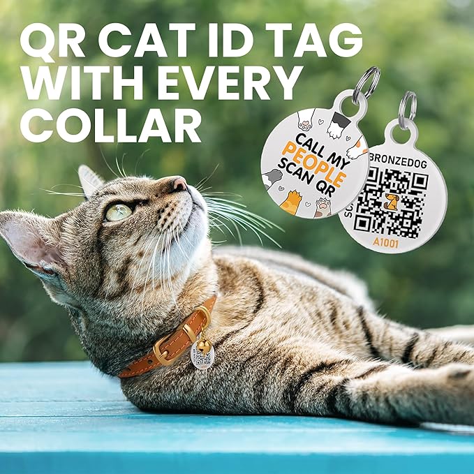 BRONZEDOG Leather Cat Collar with Removable Bells Non Breakaway Kitten QR Tag for Girl Boy (9" - 12" Cats/Mini Dogs, Red & Gold)