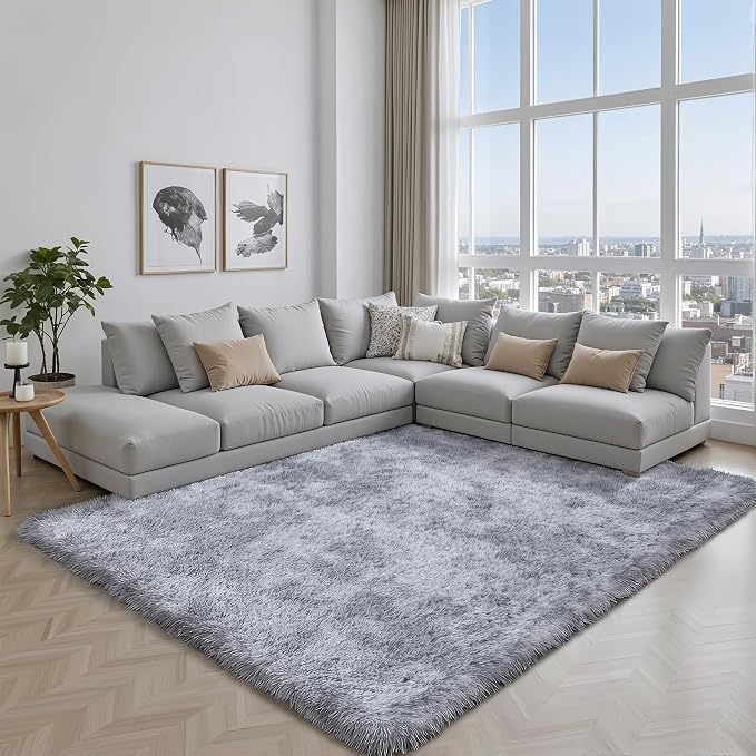 Area Rug for Living Room Bedroom: 4x6 Light Grey Soft Fluffy Shag Upgrade