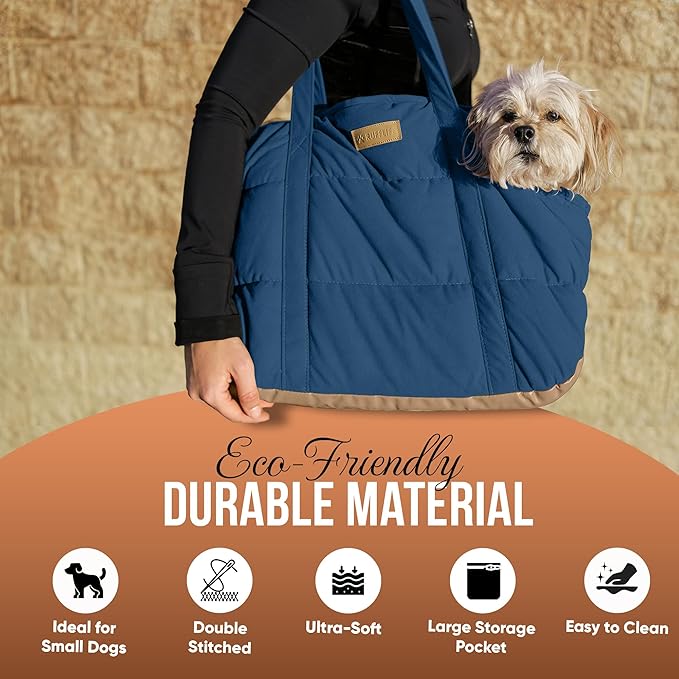 Plush Dog Purse Carrier for Small Dogs, Soft Dog Tote Bag with Safety Harness Clip, Cozy Pet Carrier for Dogs Under 15 lbs, Comfortable Dog Shoulder Carrier for Travel, Dark Blue