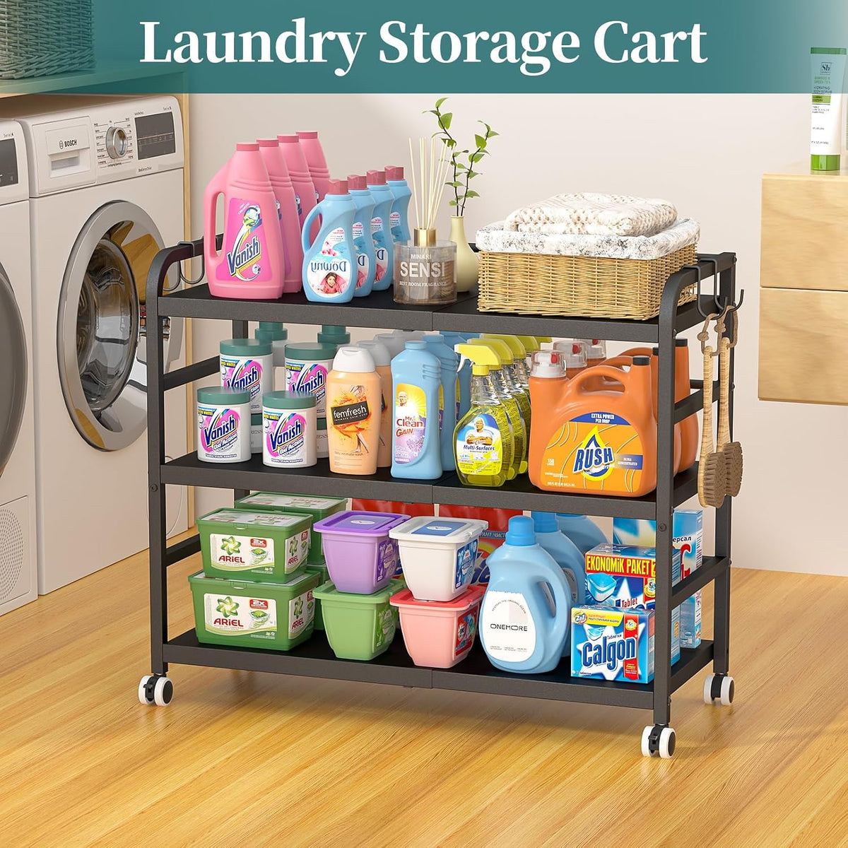 DAOUTIME 3-Tier Expandable Rolling Cart, Pantry Storage Cart with Wheels, Adjustable Rolling Pantry Floor Organizer, Metal Under Desk Cart, Can Storage & Snack Organizer for Kitchen Pantry, Black