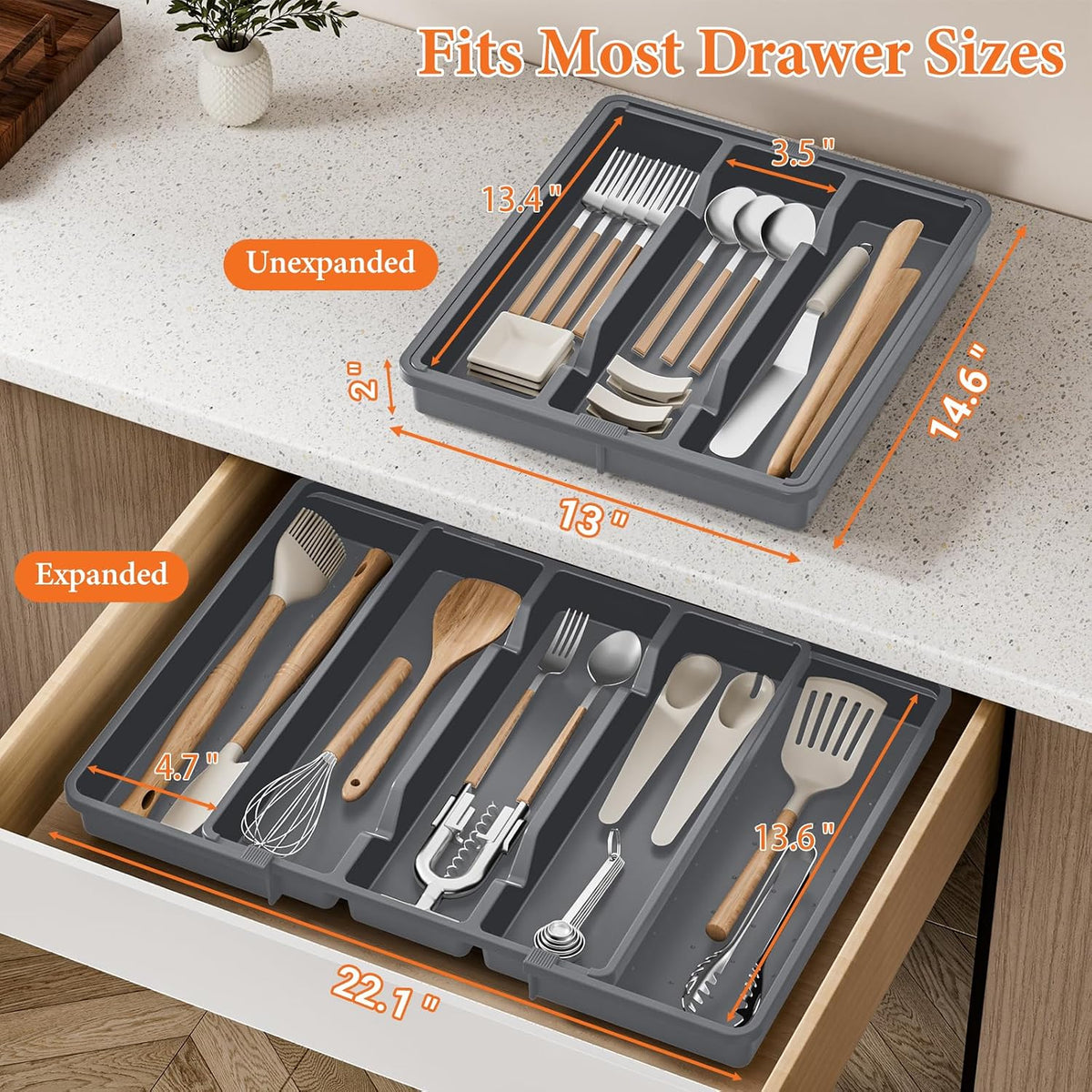 Large Expandable Silverware Drawer Organizer, Utensil Tray