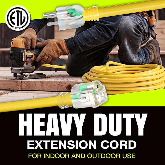 50ft Outdoor/Indoor Extension Cord 16/3 Gauge Heavy Duty 3 Prong SJTW, Waterproof, ETL Listed, Flexible Cold-Resistant Long Power Cord,13A 125V 1625W, Yellow by LifeSupplyUSA