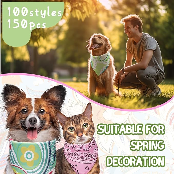 150 Pcs Paisley Dog Bandanas Bulk Pet Bibs Colorful Triangle Scarf Pet Paisley Bandanas for Medium Large Dogs Spring Summer Birthday Costume Decoration