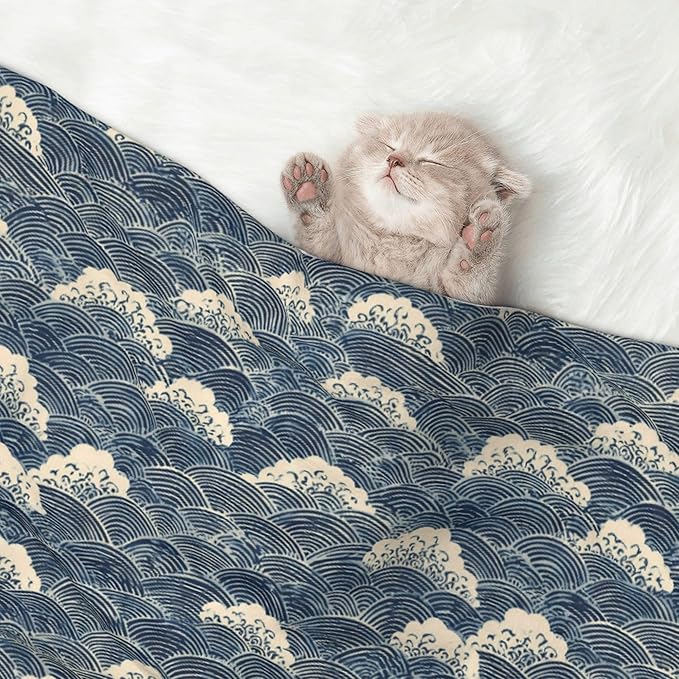Waterproof Dog Blanket Soft Pet Blanket for Puppy Cat, Fleece Cat Throw Blankets for Furniture Bed Couch Sofa Reversible - Japanese Water Wave 1