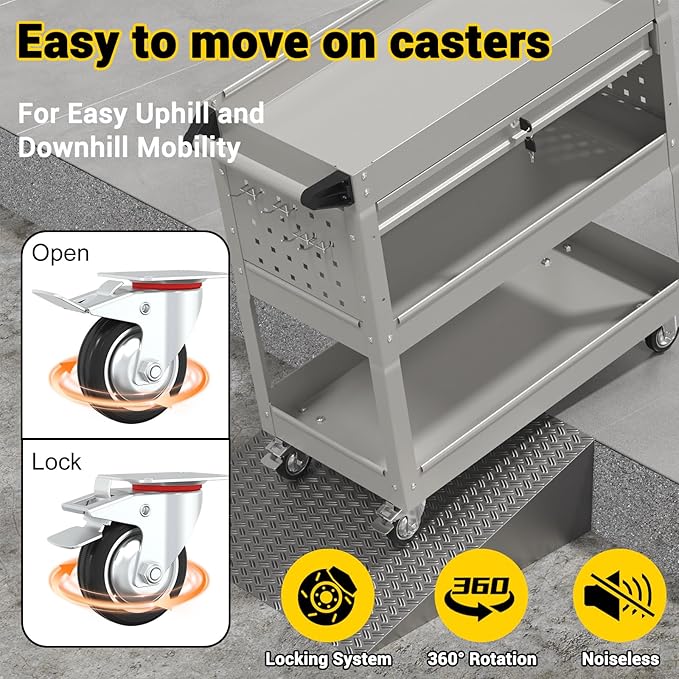 3 Tier Rolling Tool Cart on Wheels, 550 LBS Tool Cart with Drawers，Heavy Duty Utility Cart with Pegboard and Hook，Mechanic Tool Storage Cart for Garage, Warehouse and Repair Shop(Gray)