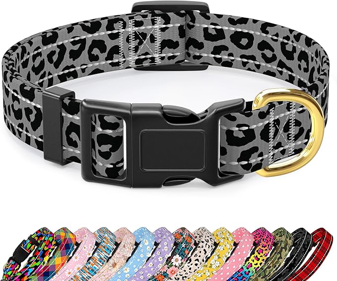 Reflective Dog Collar for Large Dogs, Cute Leopard Style Adjustable Heavy-Duty Nylon Puppy Collar for Boy and Girl Female, Soft Pet Accessories with Quick Release Buckle, Gray
