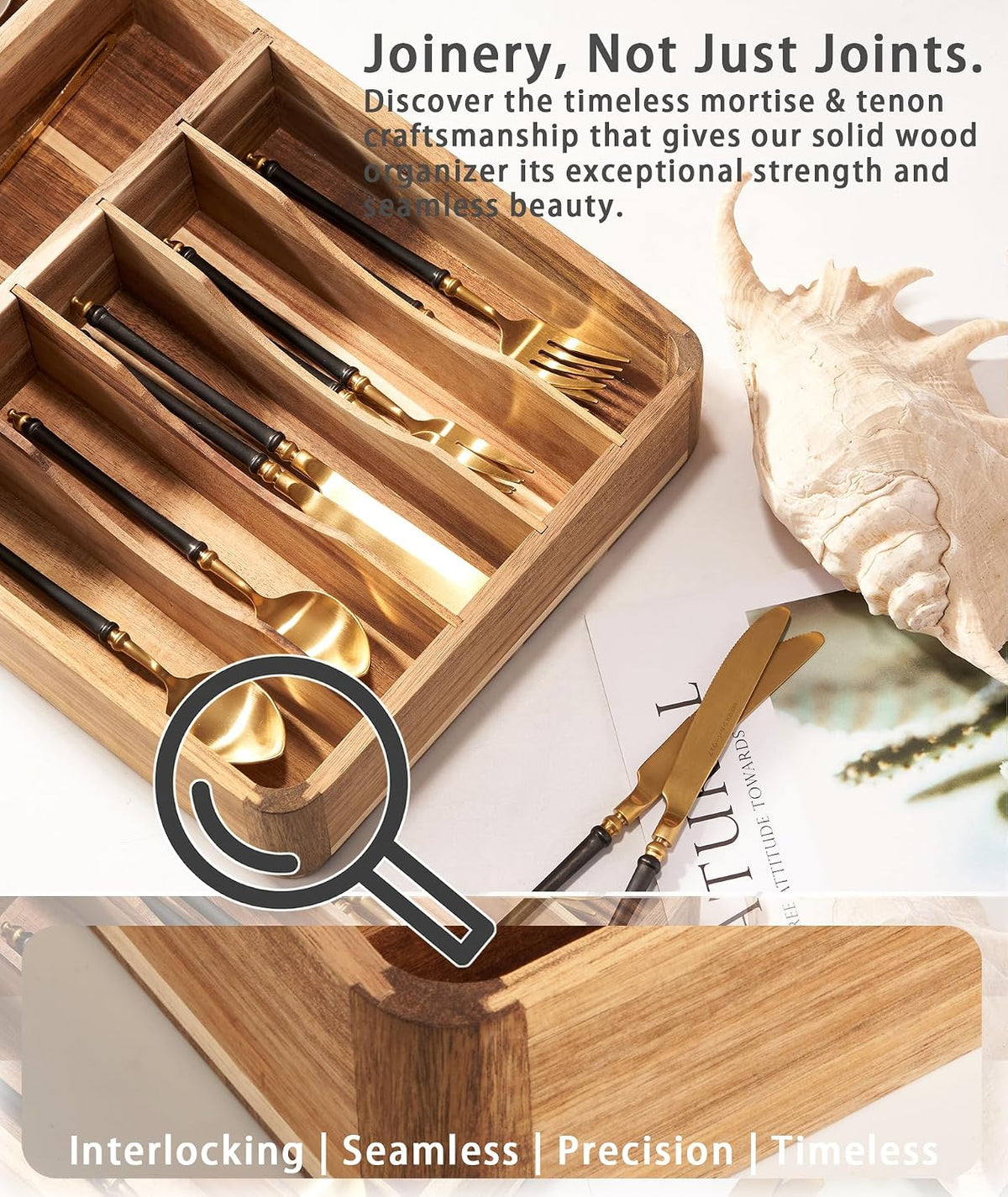 Silverware Drawer Organizer, Acacia Wood Tray for Cutlery & Flatware | 7-Compartment Utensil Holder for Forks & Spoons，17.5"×10.5"×2.7"