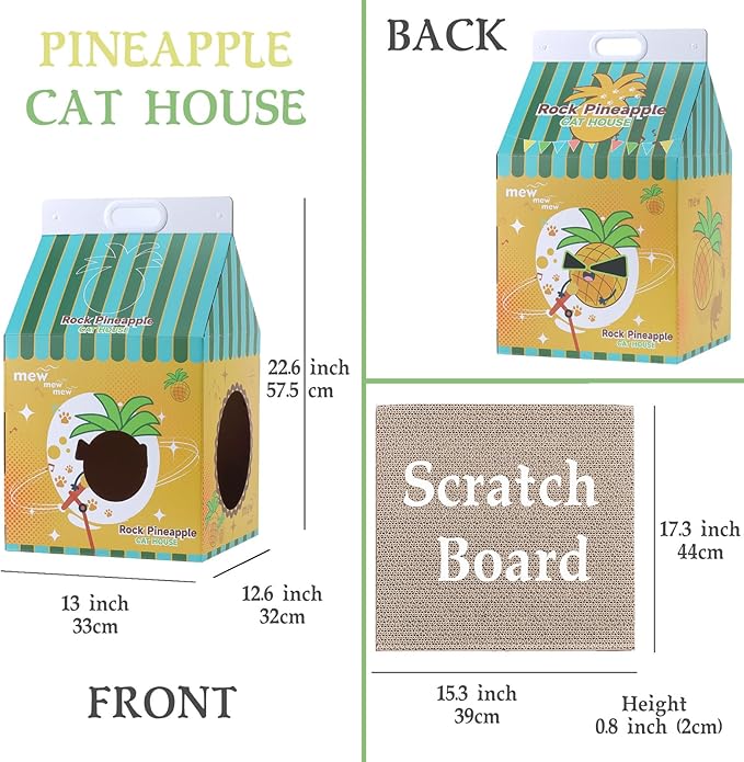 Cardboard Cat House with Scratcher - Yellow Pineapple CartonMilk Box -13''L x 13''W x 22.5''H for Cats up to 16 Lbs - Portable Handle for Easy Transportation -Indoor Cat Playhouse & Hideaway
