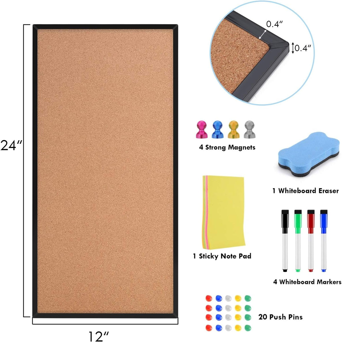 Cork Board and Whiteboard Combination Board, Black, 3-Pack 12" X 24"