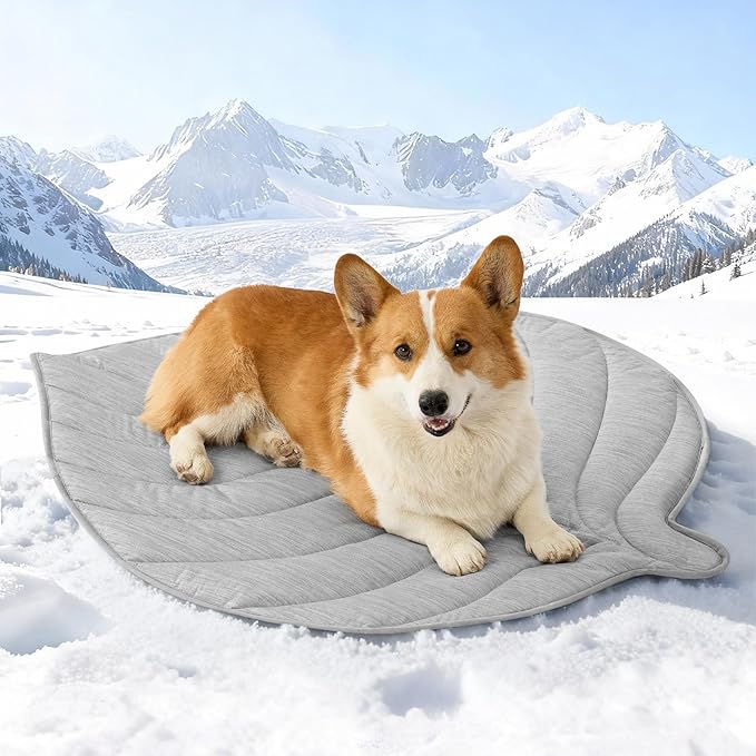 Dog Cooling Mat, Q-Max > 0.4 Leaf Shaped Pet Pad, Liquid Pee Proof Summer Mat for Cats, Washable Sleep Blanket for Bed Couch Floor Indoor, 39x34 inch, Silver Grey