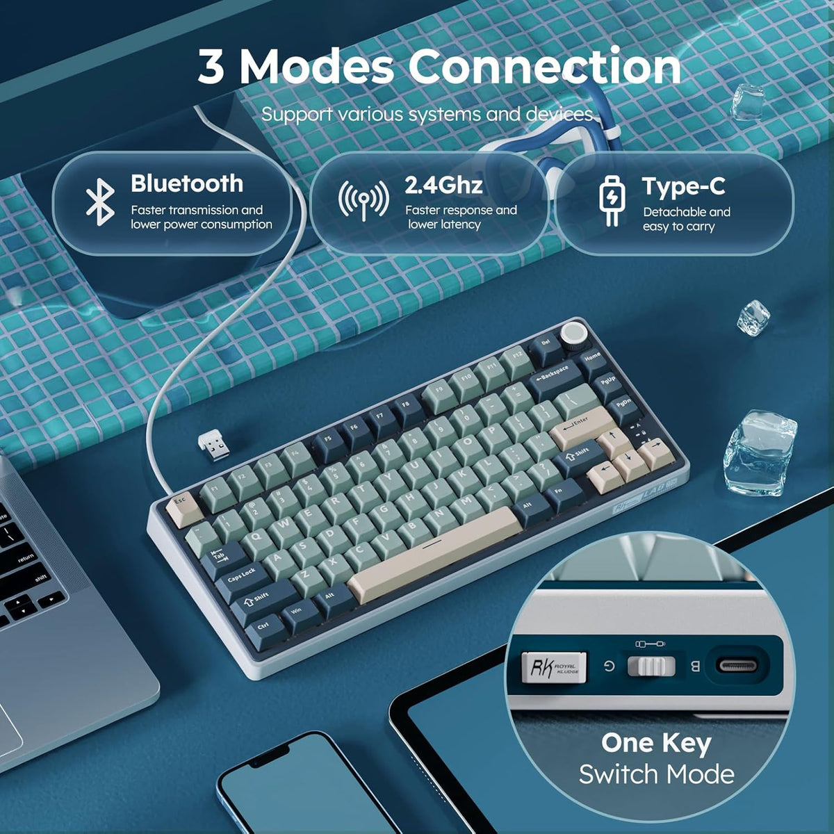 RK ROYAL KLUDGE R75 Wireless Mechanical Keyboard, 75% Percent Custom Gaming Keyboard Gasket Mount RGB Backlit with Knob & PBT Keycaps, BT5.1/2.4GHz/USB-C, Hot Swappable Cream Switch