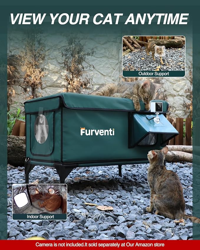 Outdoor Heated Cat House in Winter,Extremely Insulated & Weatherproof,Elevated Feral Cat Shelter with Waterproof Eaves & Escape Door for Outside Stray Barn Cat (Dark Green, XL)