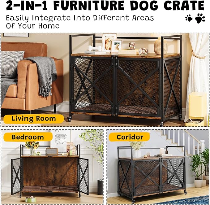 Dog Crate Furniture, 41 Inch Dog Kennel Indoor with Removable Cushion, Heavy Duty Dog Crate for Large Dogs and Medium Dogs, Wooden Dog Cage End Table with Double Doors, Rustic Brown