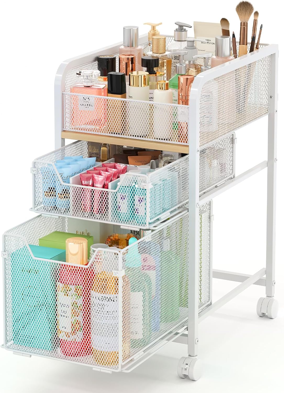Hongtamoya Rolling Makeup Cart Organizer with 2 Drawers, Under Desk Storage