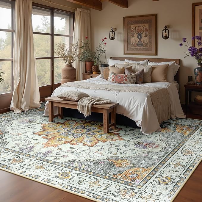 RELEANY Area Rugs 6'x8' Washable Non-Slip, Floral Vintage Distress Medallion