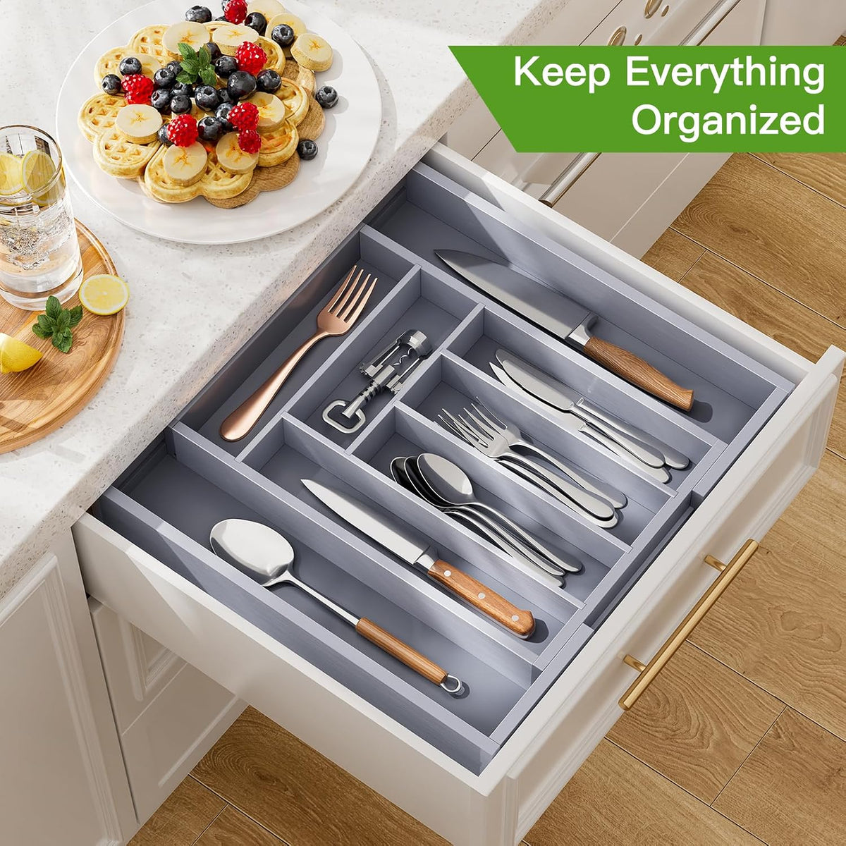 Pipishell Bamboo Expandable Silverware Drawer Organizer, Gray, Medium