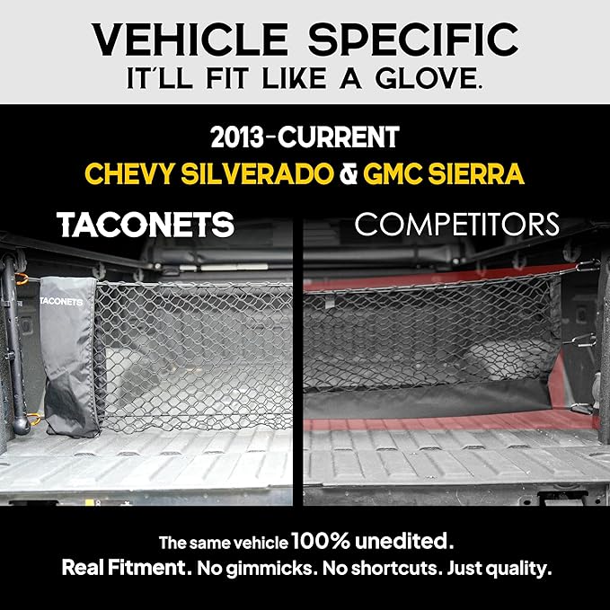 Envelope Cargo Net for GMC Sierra & Chevy Silverado - Fits 2013-2025 - Upgraded 5mm Bungee - Integrated Storage Bag - Heavy Duty Carabiners - Designed in USA - 18" x 50"