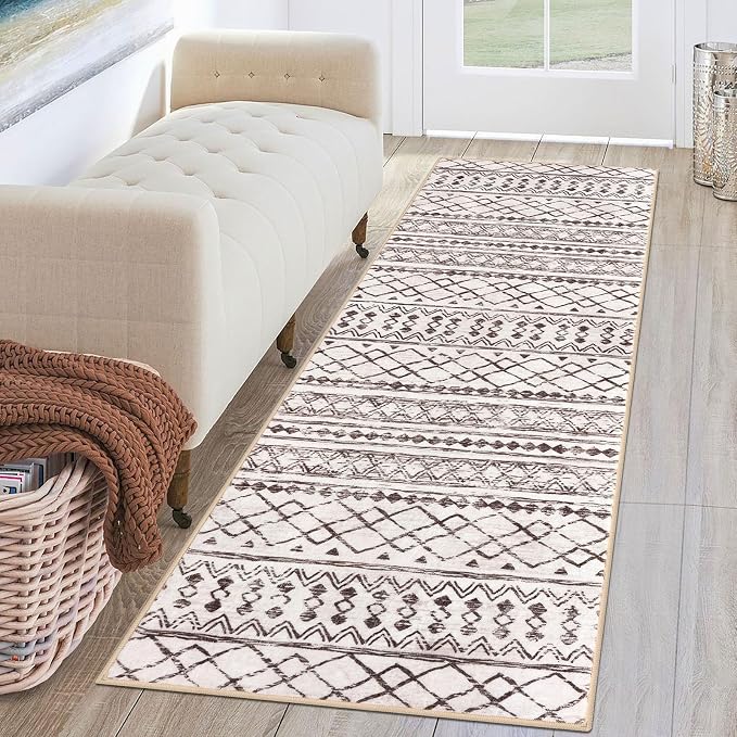 KUTA Moroccan Washable Hallway Runner Rug 2x6 Non-Slip Vintage Brown Cream Boho