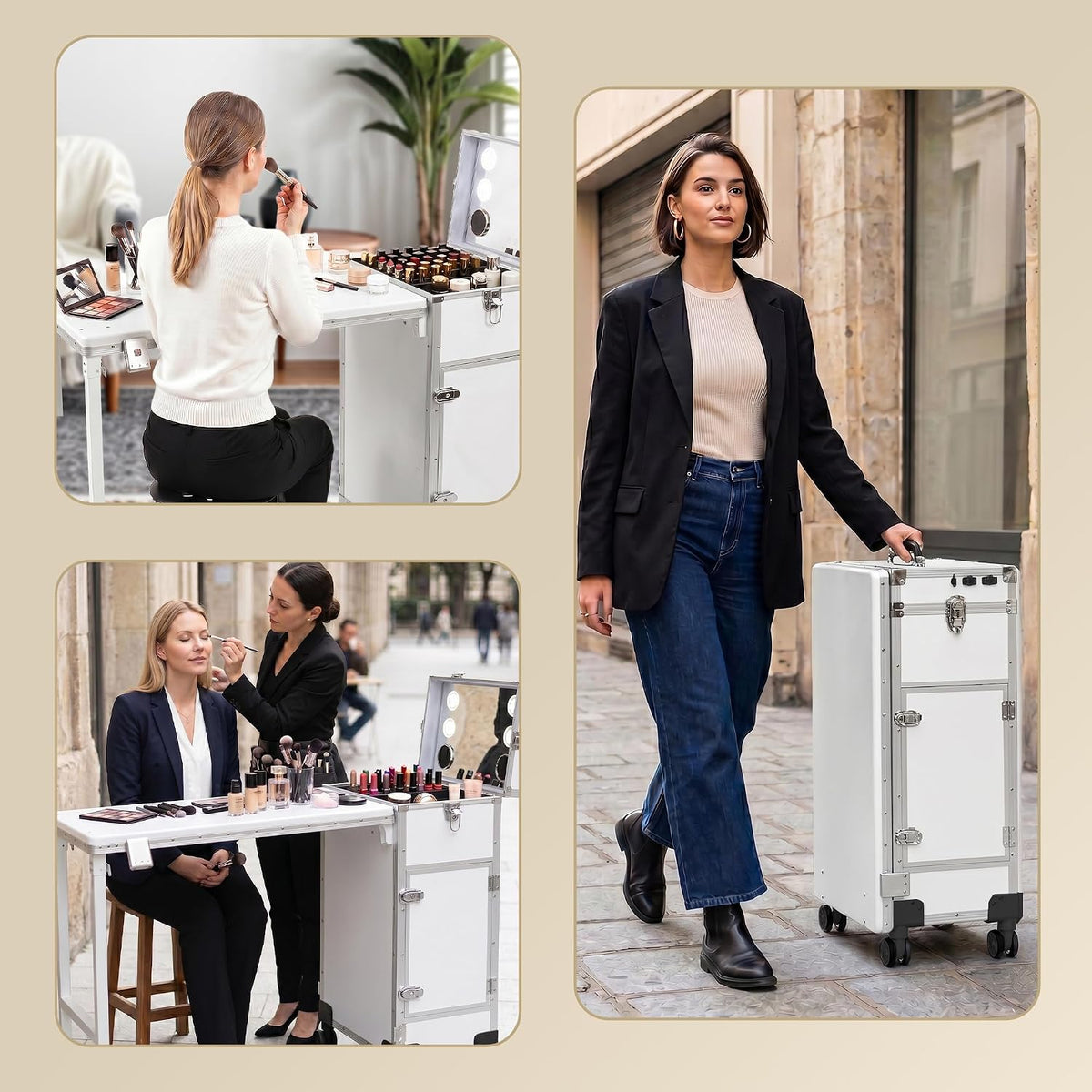 Rolling Portable Manicure Table with 3 Drawers, Makeup Case Foldable Nail Desk with Wheels, Lockable Mesa de Uñas Profesional para Nail Techs, Mobile Nail Makeup Workstation