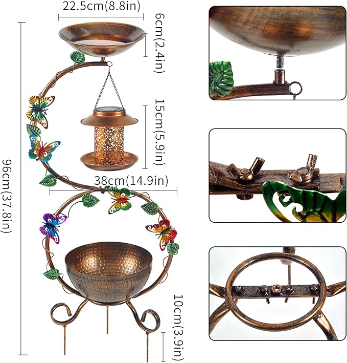 Metal Birdbath with Flower Planter Pedestal and Solar Bird Feeders Combo for Outdoor, Decorative Bird Bath with Butterfly for Garden Yard Outside