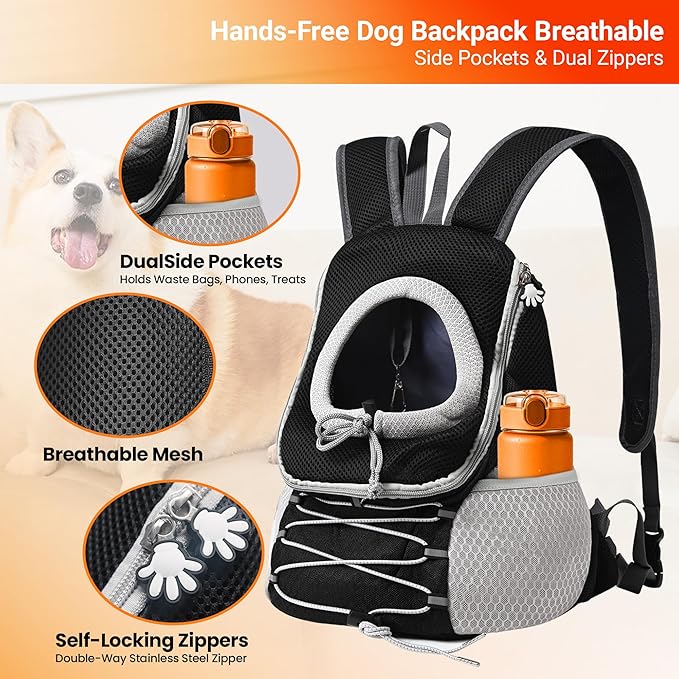 Dog Carrier Backpack for Small Dogs｜Pet Travel Shoulders Bag - Puppy Holder for Chest-Front Dog Baby Carring Ventilated for Hiking & Camping, Black Grey, L