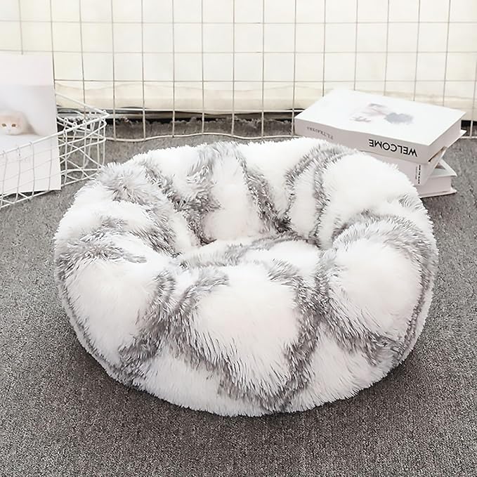 Calming Dog Bed for Small Dogs, Calming Donut Cuddler Pet Bed Anti Anxiety Round Dog Bed Fluffy Plush Faux Fur Cat Bed,Grey+White,27.5IN