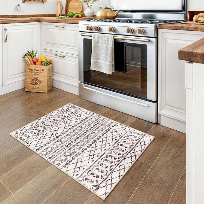 KUTA Moroccan Kitchen Rugs, 2x3 Brown Cream Entryway Rug Non-Slip Washable