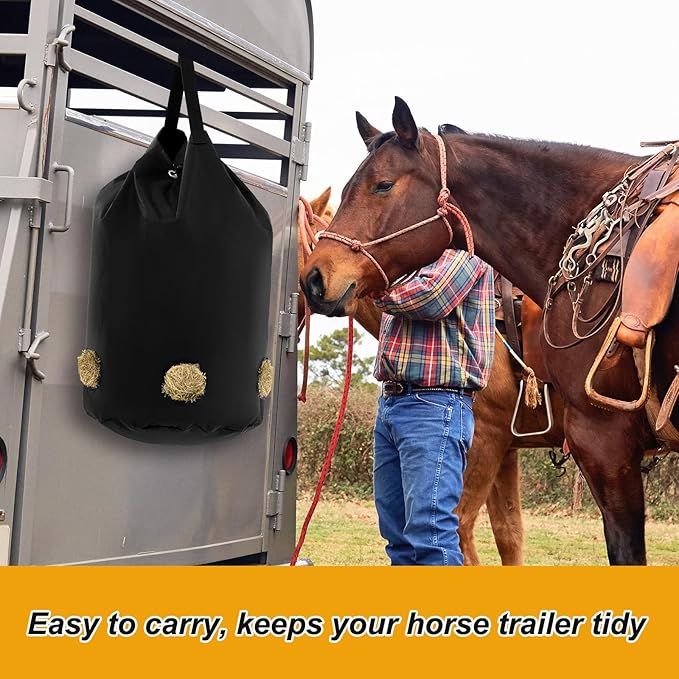 2 Pcs hay Bags for Horses Goats Slow Feed 1680D Oxford Bag Black Large Capacity Net Open Feed Hole Hay Holder for Horse Goats Sheep(5 Holes)