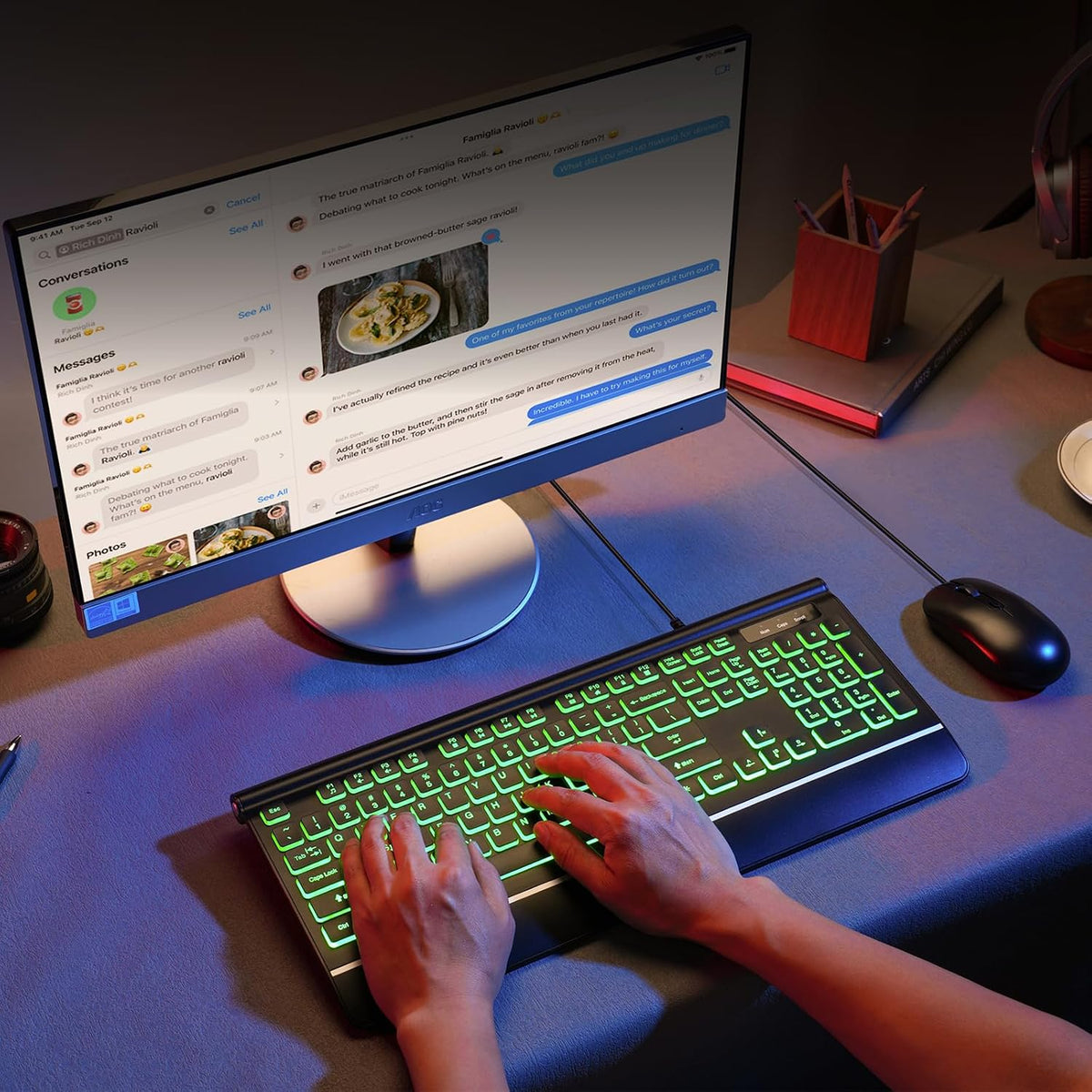 Wired Keyboard and Mouse Combo, Backlit Computer Keyboards with Wrist Rest, Light Up Keyboard Easy to See, 7-Color Backlit Keyboard and Optical Mouse for Windows, PC, Laptop, USB Plug and Play