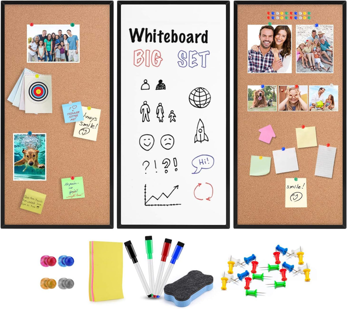 Cork Board and Whiteboard Combination Board, Black, 3-Pack 12" X 24"