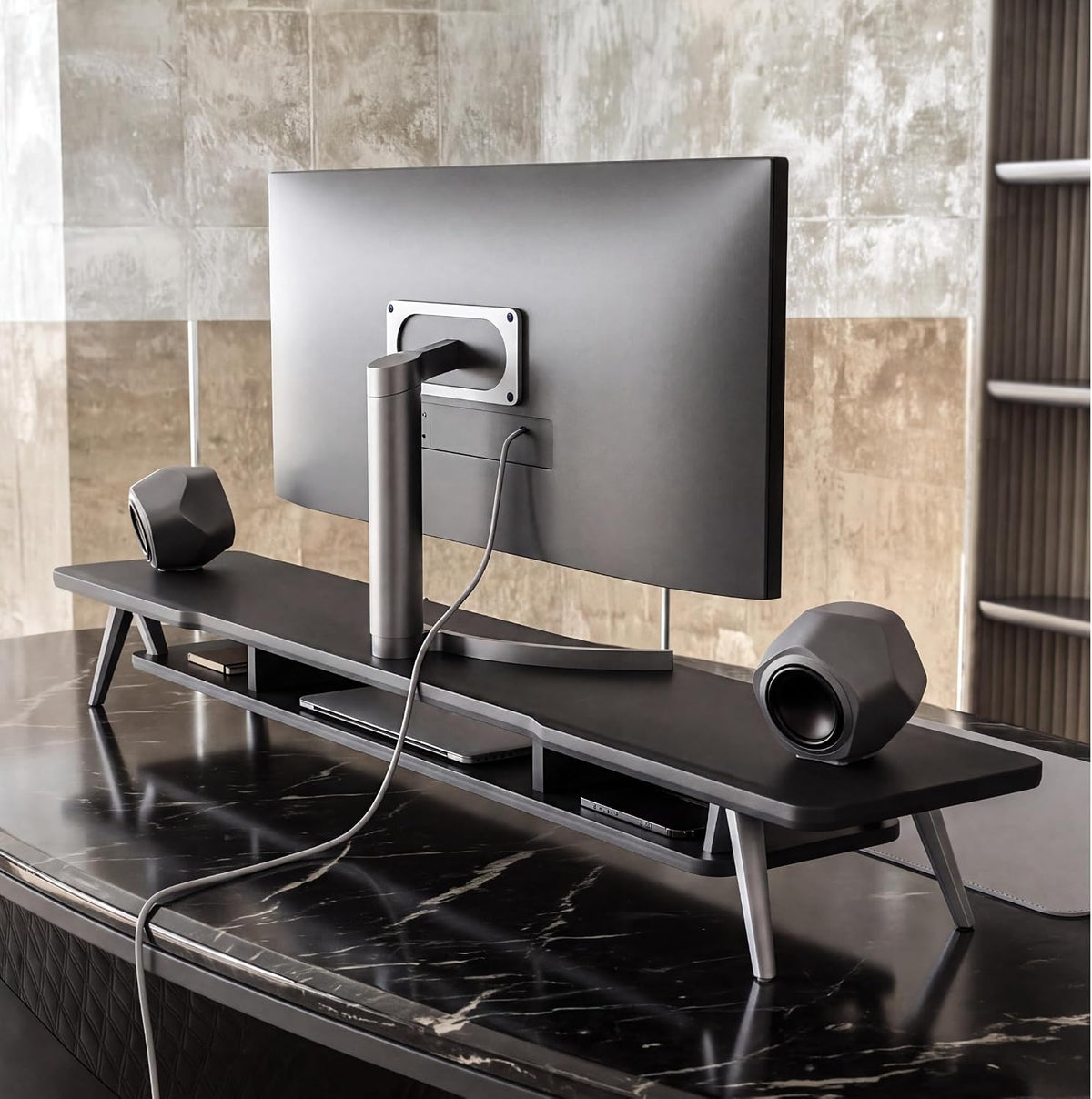 Fenge Dual Monitor Stand Riser, Wooden Desk Shelf with 2-Tier Storage