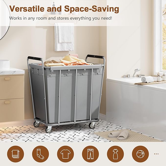 Hoctieon Large Laundry Cart with Wheels, 400L Heavy Duty Laundry Basket Organizer, Rolling Hamper Sorter for Clothes Storage, Industrial Dirty Clothes Hamper for Home & Hotel, Gray
