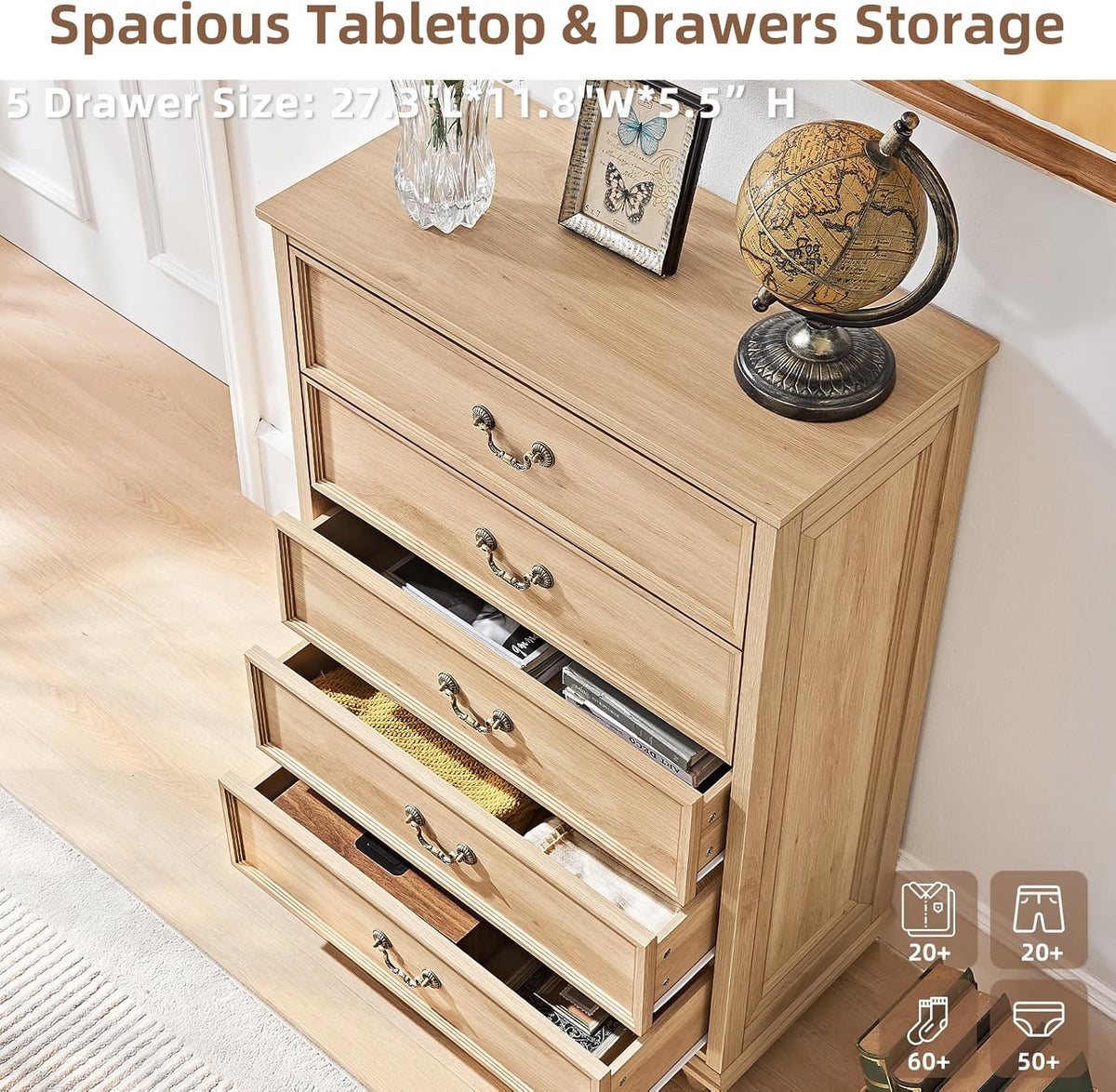 Joaxswe Farmhouse 5 Drawer Dresser for Bedroom, 45" Tall Vinatge Chests of Drawers w/ 4 Solid Gourd Feet, Mid Century Modern Boho Wood Closet Storage Dressers Organizer for Living Room, Natural Oak