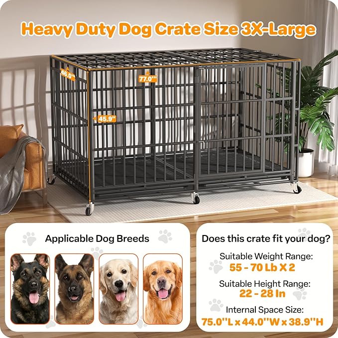 78 Inch Heavy Duty Dog Crate, Indestructible Escape-Proof Dog Kennel for High Anxiety Large Dogs, Strong Metal Pet Cage with Double Doors, Lockable Wheels & Removable Tray, XL XXL XXXL