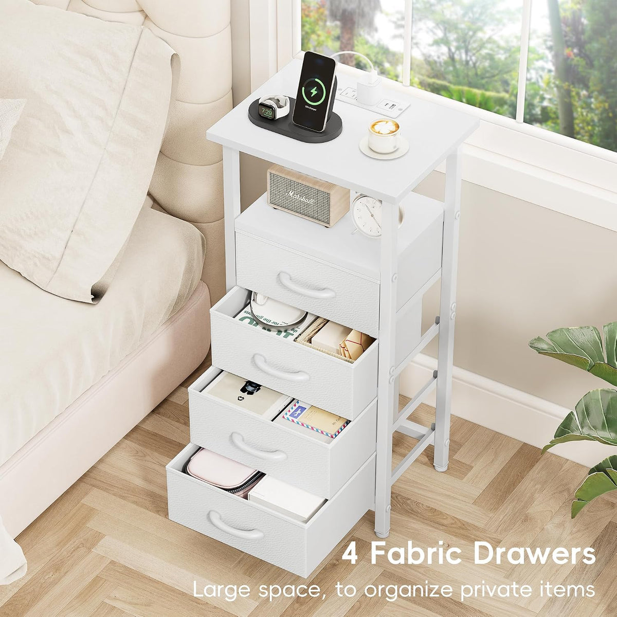 Vagusicc White Nightstand with Charging Station & LED Light, 28.6'' Tall Night Stand Bedside Table with 4 Fabric Drawers & Open Shelf, Small Bedside Tables Bed Side Table Nightstand for Bedroom, White