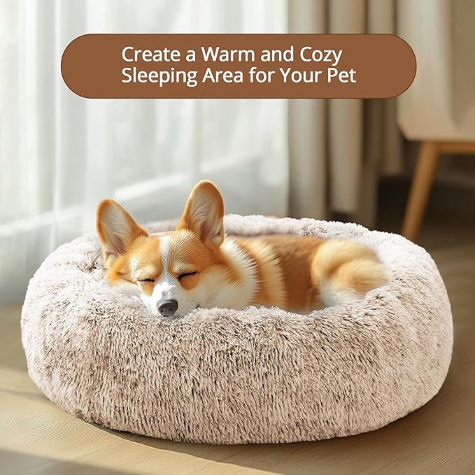 JOLLYVOGUE Calming Dog & Cat Bed for Small Dogs, Anti-Anxiety Donut Cuddler Cozy Soft Round Bed with Anti-Slip Bottom, Fluffy Faux Fur Plush Cushion Beds for Small Medium Dogs (20")
