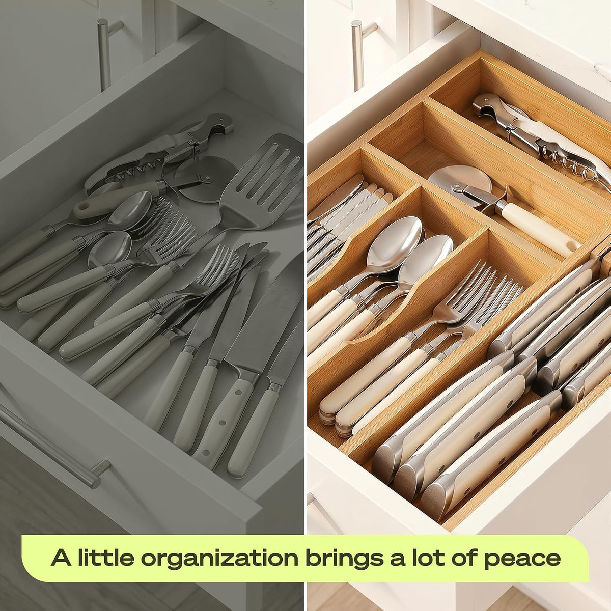 Drawer Organizer with Knife Block for Kitchen Organization, Bamboo Silverware Drawer Organizer, Compact Bamboo Cutlery Tray for Flatware and Utensils, Removable 7-Slot Knife Block for Kitchen Drawers