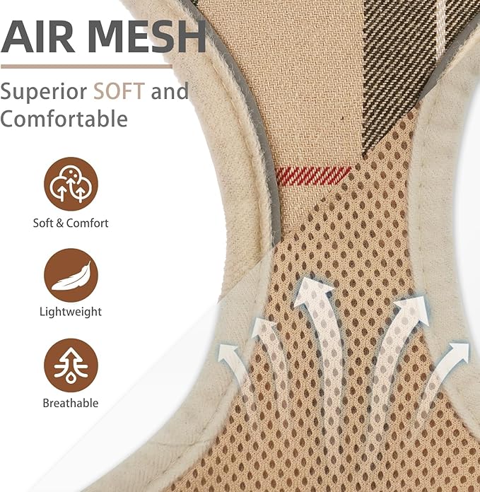 PUPTECK Soft Mesh Dog Harness and Leash Set Pet Puppy Cat Adjustable Reflective Padded Vest No Pull Harnesses, Beige, L