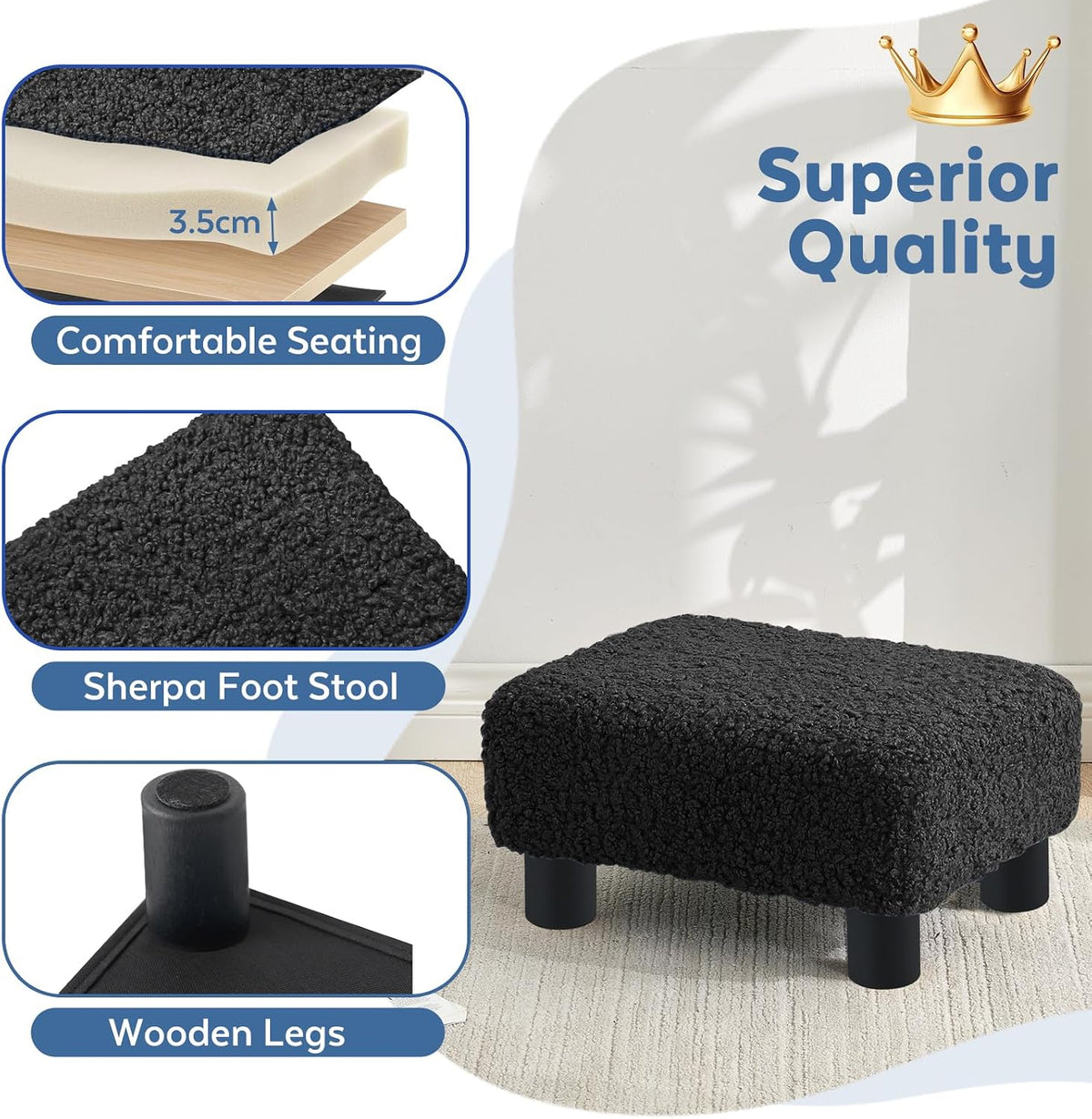BRIAN & DANY Small Foot Stool Ottoman, Footstool with Legs, Sherpa Foot Rest for Couch, Foot Stools Small for Living Room, Bedroom and Office, Coal Black