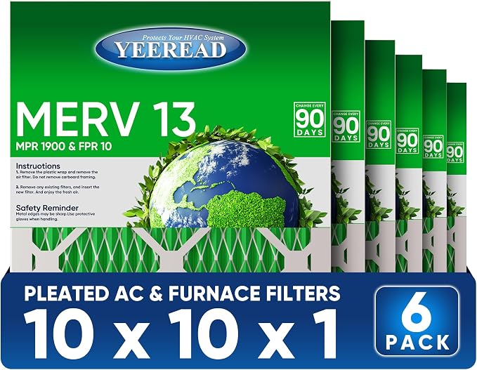 10X10x1 MERV 13 Air Filters, Actual Size: 9.70" x 9.70" x 0.75", Pleated Design