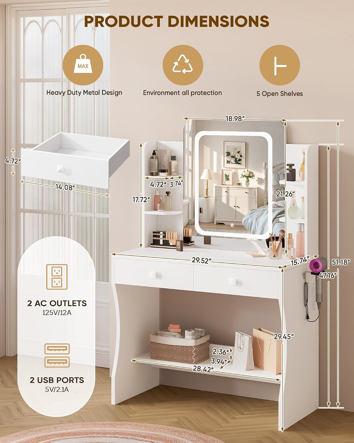 LIVELYGLOW 29.5" White Small Makeup Vanity Desk with Power Outlet & Mirror