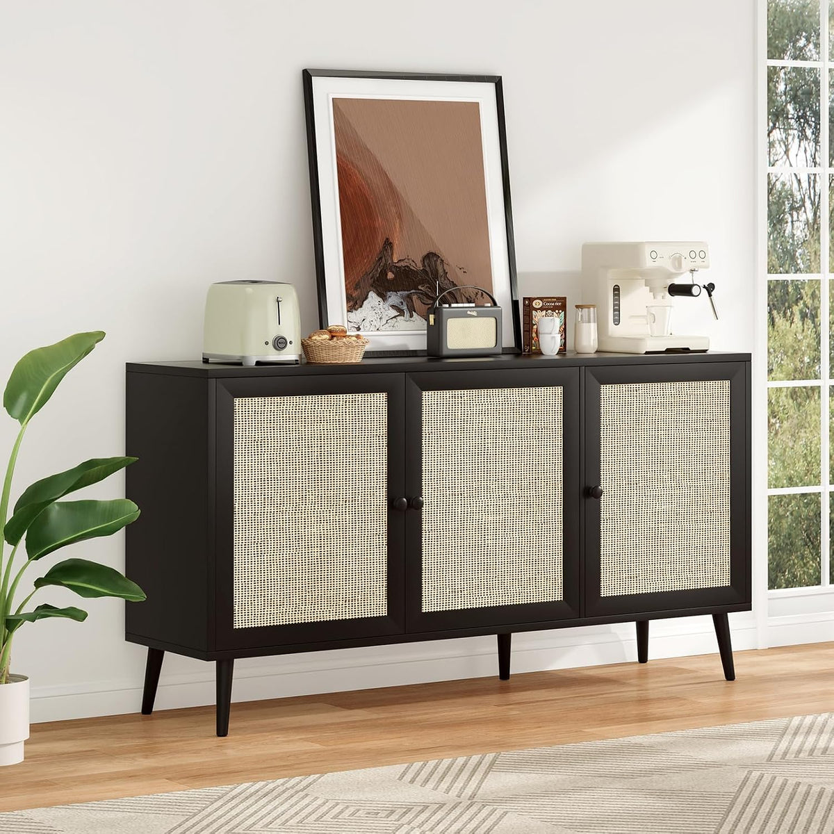 Farini Side Buffet Cabinet with Rattan Doors,Kitchen Sideboard Coffee Bar Storage Console Table,Black,59.1 inch