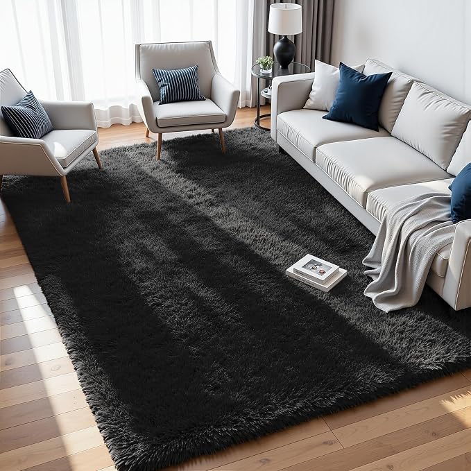6x9 Area Rugs for Living Room Rug: Soft Fluffy Shag Black Rugs for Bedroom