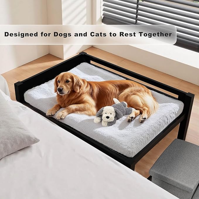 41‘’x27''Bedside Dog Bed with Stairs, Wooden Elevated Dog Bunk Bed Cosleeper with Removable Mattress, Foldable 3-Step Stairs & Guardrail, Bassinet-Style Pet Bed for Large Dogs