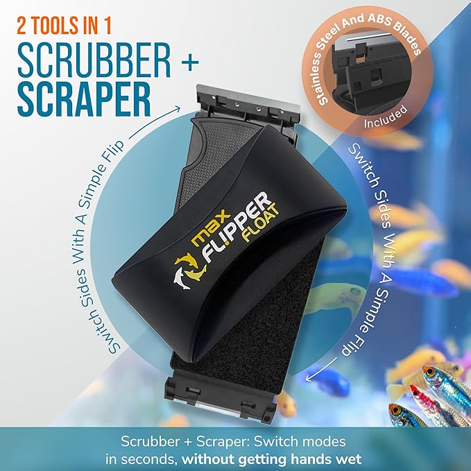 FLIPPER Max Magnetic Aquarium Cleaner – 2-in-1 Flip Scrubber and Scraper, Floating Design for Cleaning Hard-to-Reach Algae and Debris on Glass and Acrylic Tanks up to 3/4"