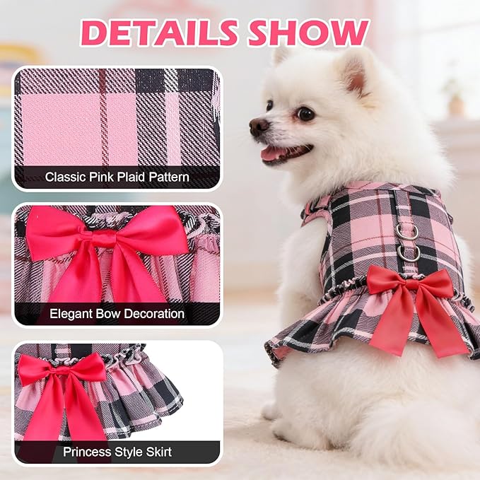EXPAWLORER Dog Harness Small Medium Sized Dogs, Plaid Dog Dress Bowknot Harness and Leash Set, No Choke No Pull Soft Mesh Vest Cute Princess Puppy Outfits Clothes Costume for Girls Party Cats Pink XS