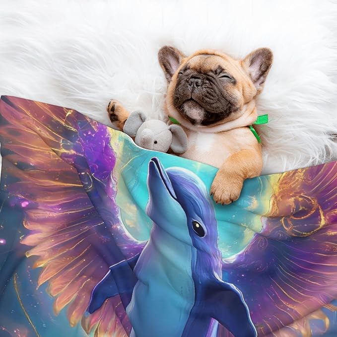 Waterproof Dog Blanket Soft Pet Blanket for Puppy Cat, Fleece Cat Throw Blankets for Furniture Bed Couch Sofa Reversible - Colorful Winged Dolphin